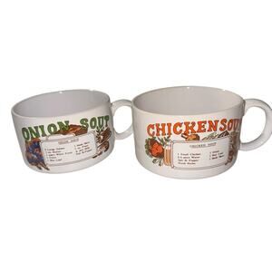 Pair Of Vintage Recipe Soup Bowls Mugs Cups Onion And Chicken Large